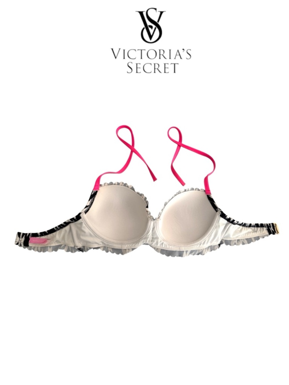 🛍️SALE🛍️ Victoria's Secret Black & White Refracted Geo Bikini Top w/ Pink Straps - Picture 4 of 7